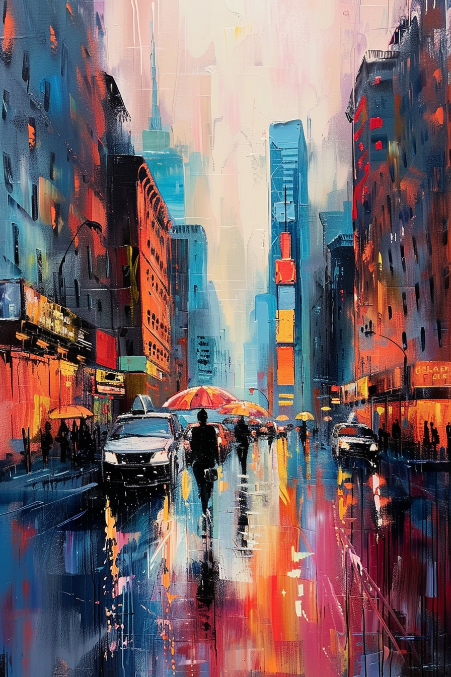 Colorful, impressionistic cityscape painting of a wet street with pedestrians and cars.