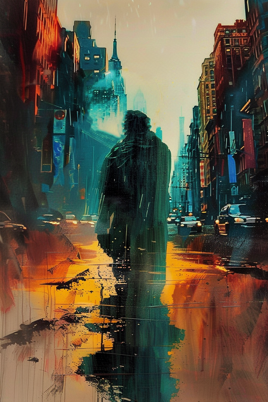 Silhouetted person walking on a vibrant city street in the rain, with reflections on the wet pavement.