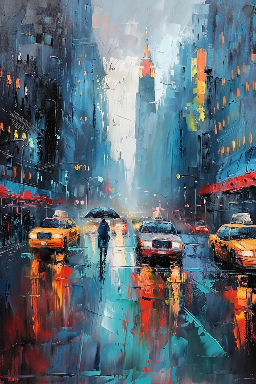 Colorful impressionistic cityscape painting with rainy street and cars, featuring a pedestrian crossing.