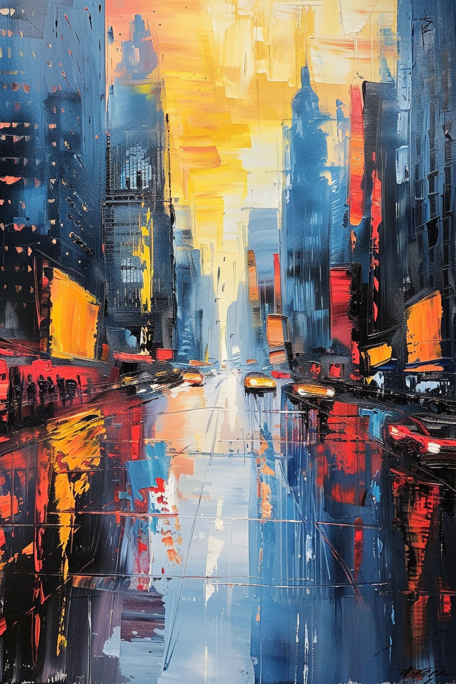 Vibrant abstract cityscape painting with prominent blue, yellow, and red tones reflecting on wet streets.