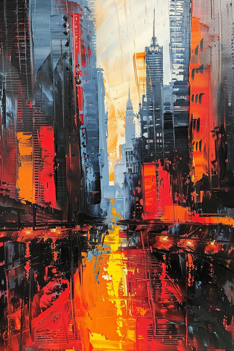 Abstract, colorful cityscape painting with vibrant red and orange hues, and vertical brush strokes.