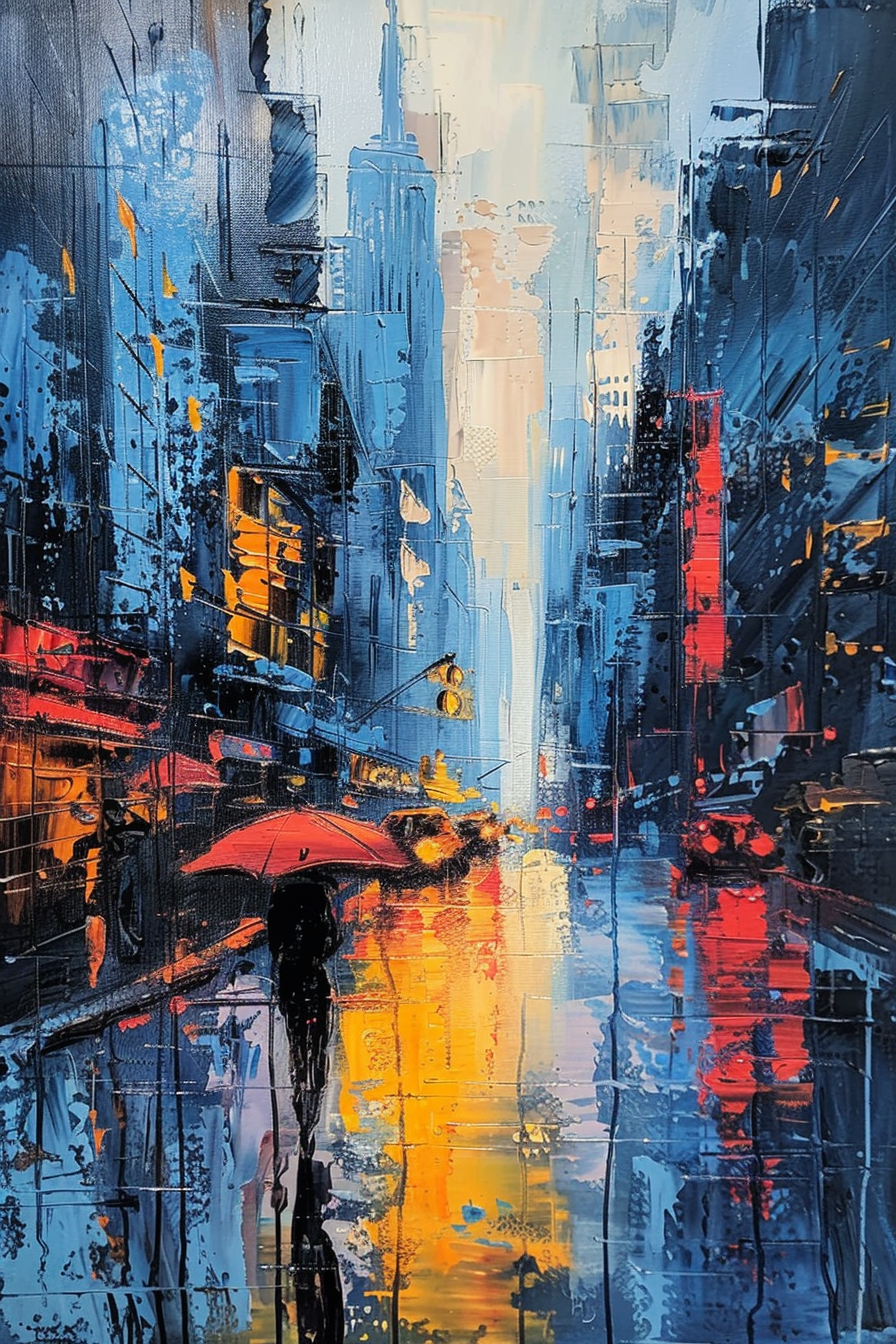 Abstract cityscape painting with vibrant colors, featuring rain and a figure with a red umbrella.