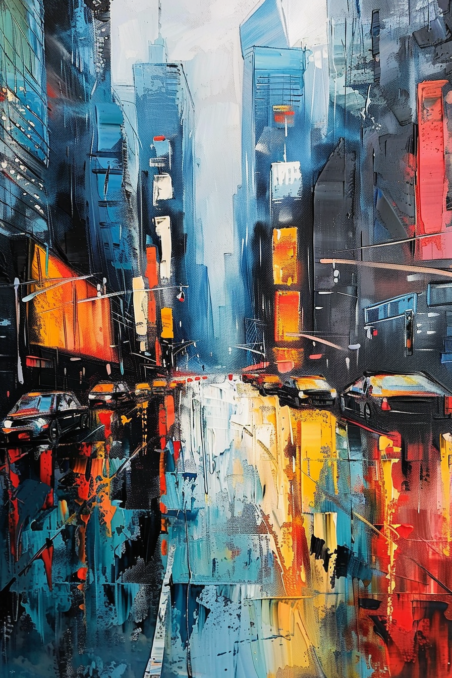 Abstract expressionist cityscape painting with vibrant colors and bold brushstrokes.