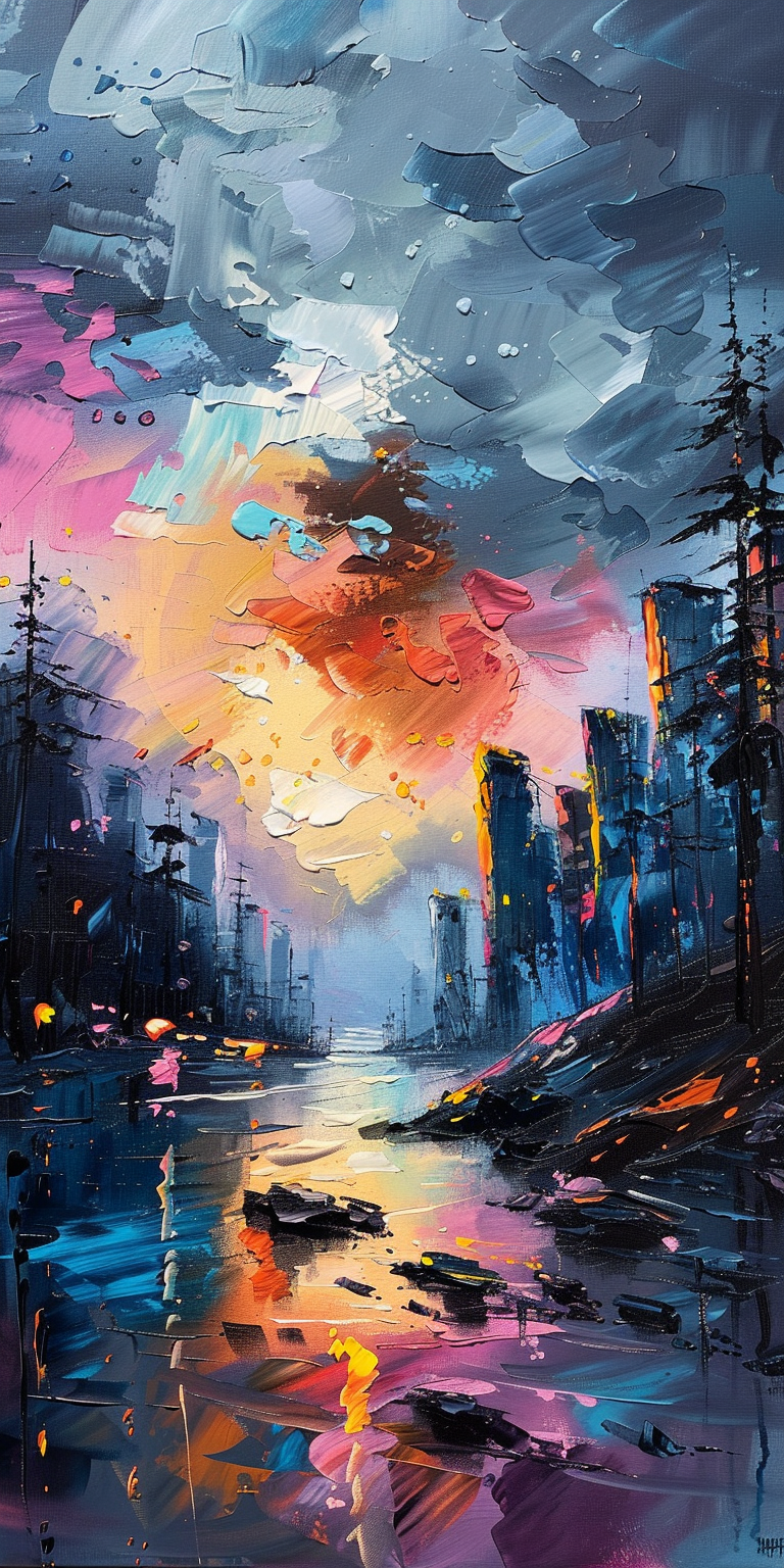 Colorful abstract cityscape painting with vibrant sunset reflecting on water.