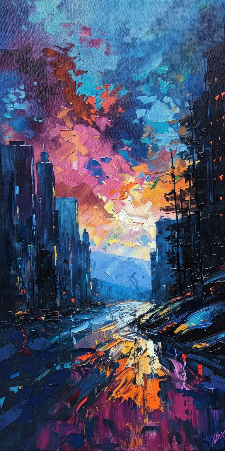Colorful abstract cityscape painting with vivid sunset sky and dynamic brush strokes.
