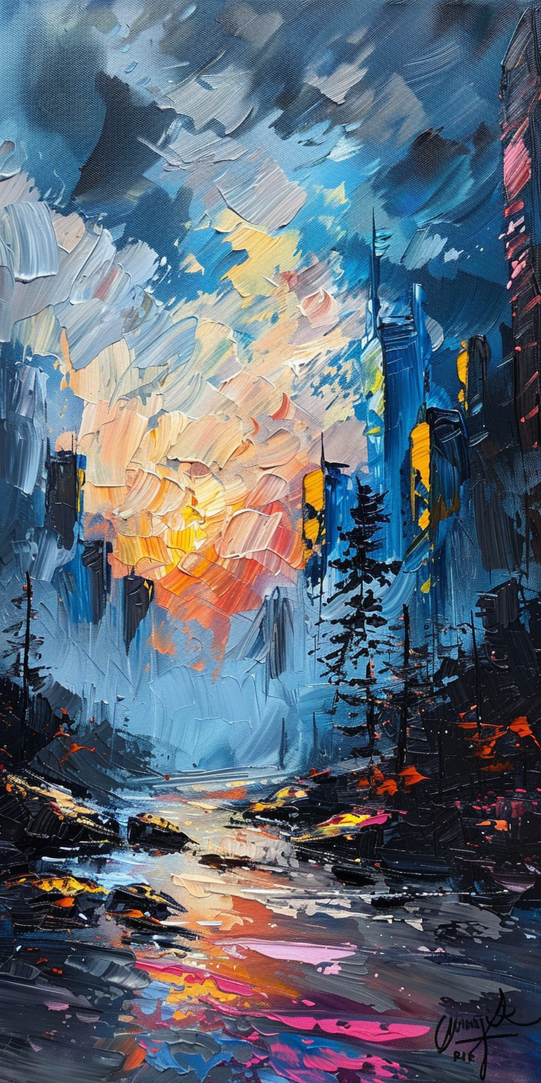 Colorful abstract cityscape painting with vivid sunset and reflective wet street.