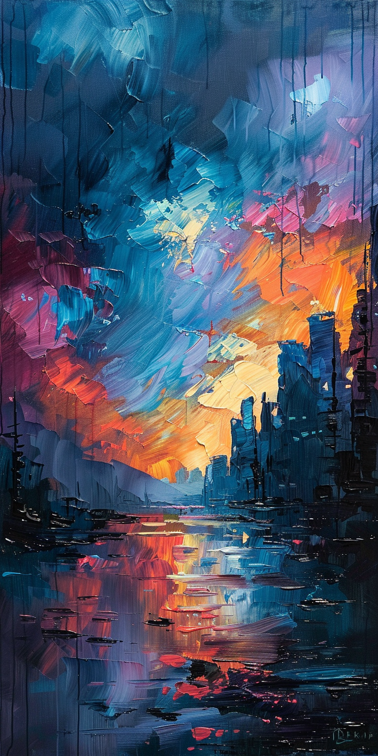 Vibrant abstract cityscape painting with a sunset reflection on water.
