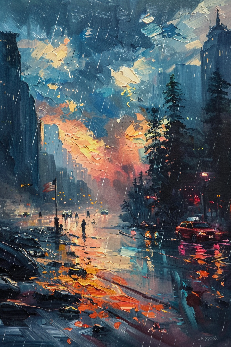 Impressionistic cityscape painting with rainy, reflective streets and vibrant sunset colors.