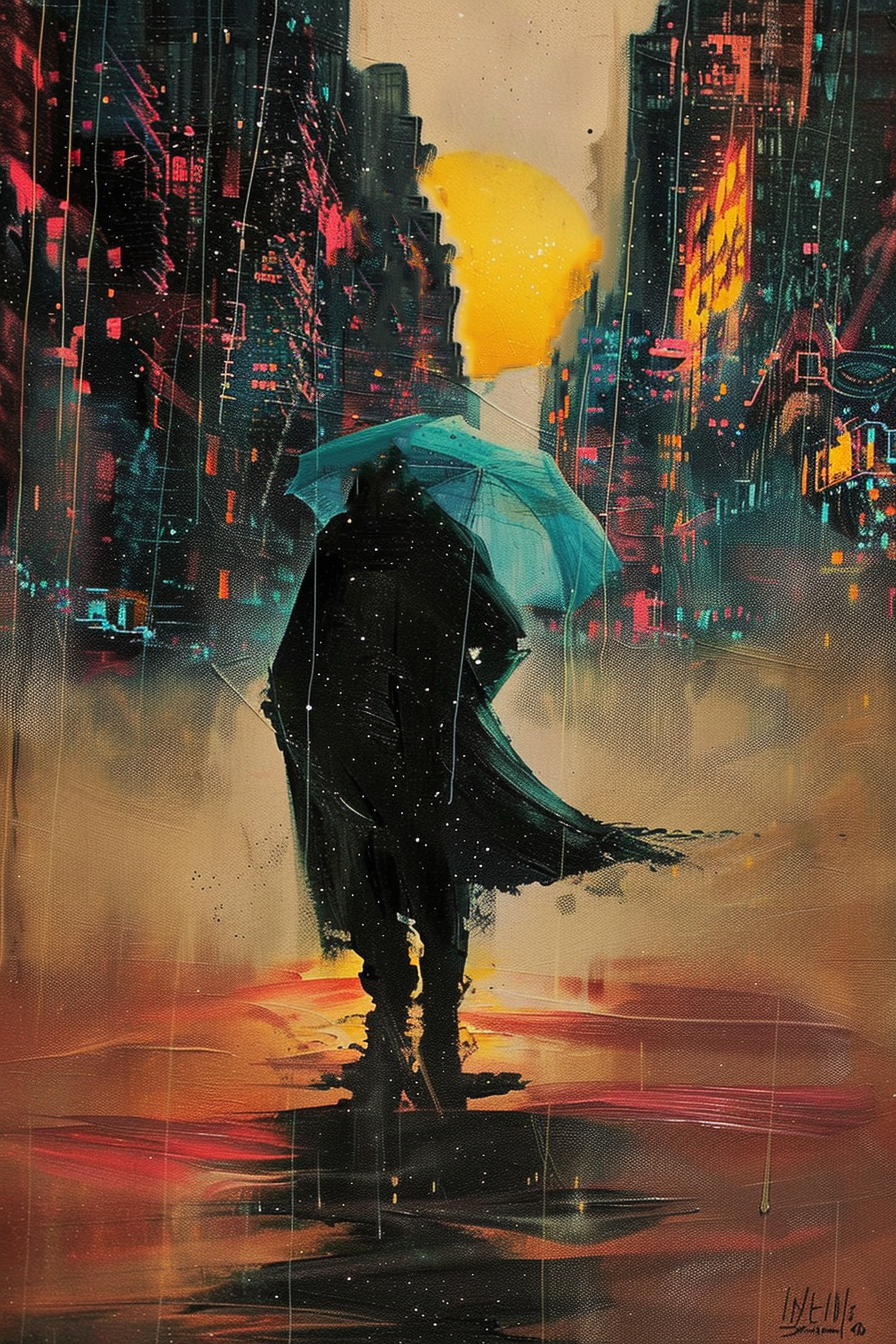 Silhouette of a person with umbrella against vibrant, abstract cityscape painting.