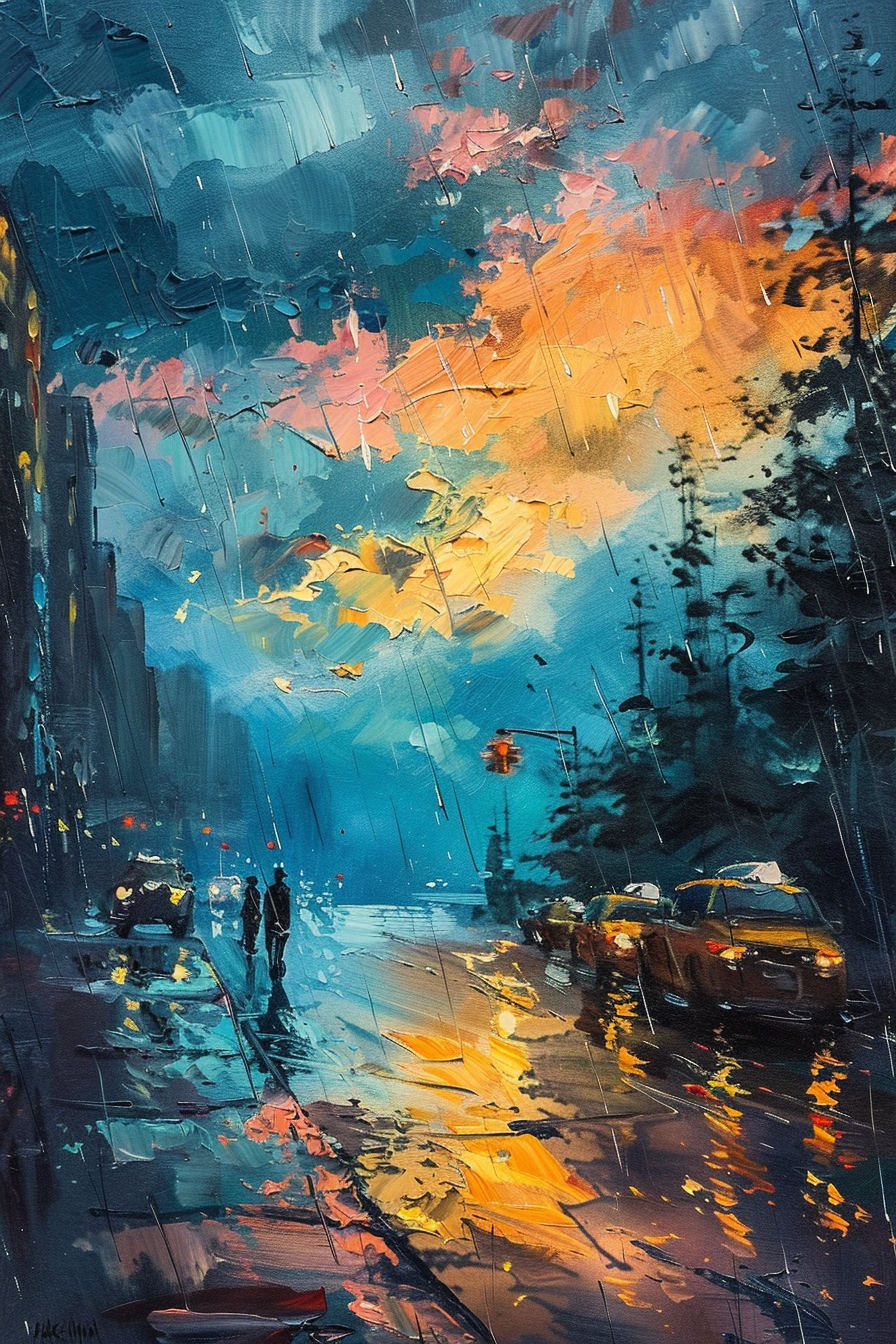 Impressionist cityscape painting depicting a rainy, vibrant street with pedestrians and vehicles.