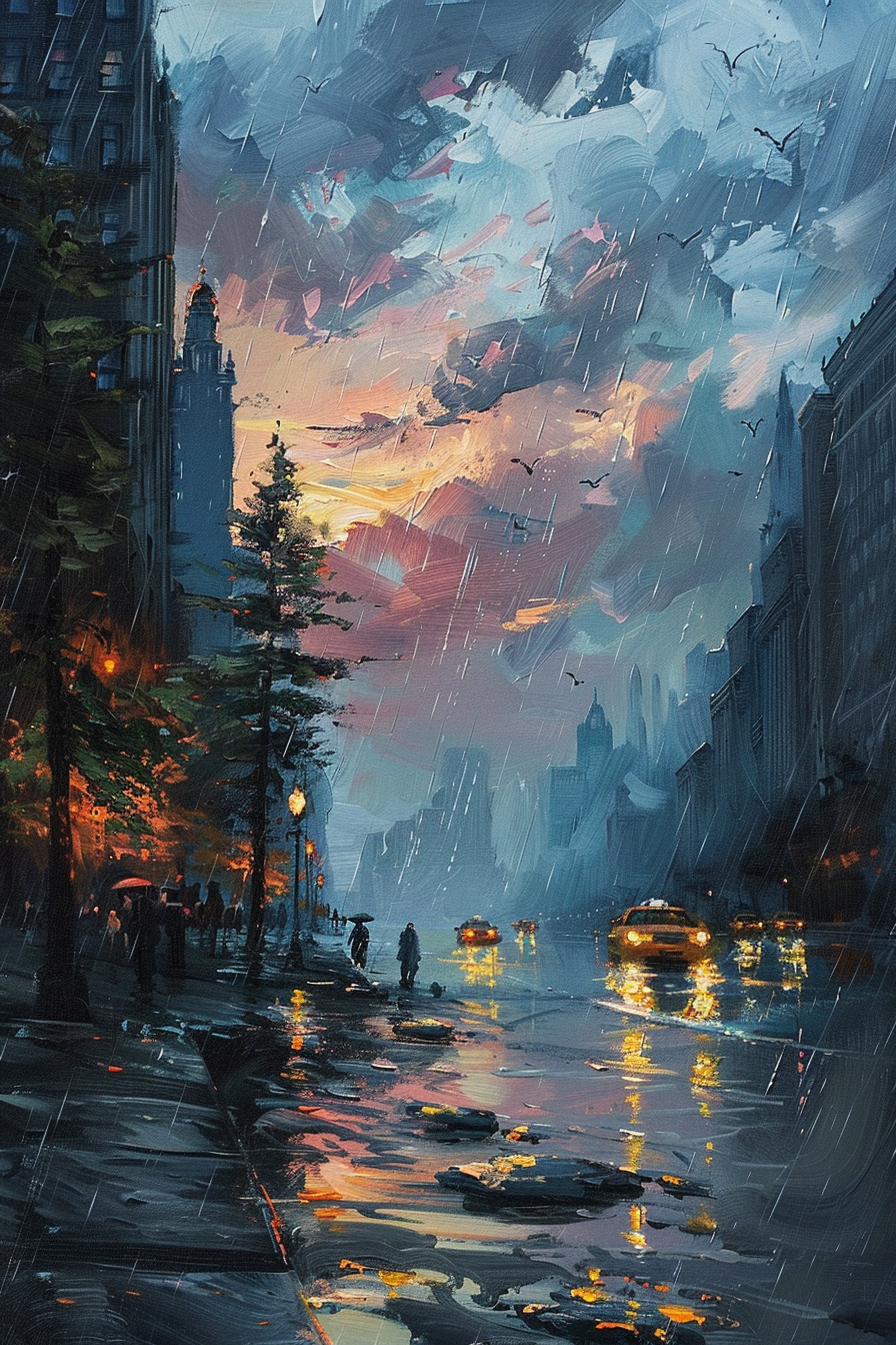 "Painting of a rainy city street at dusk, with vibrant reflections, silhouettes of people, and vehicles."