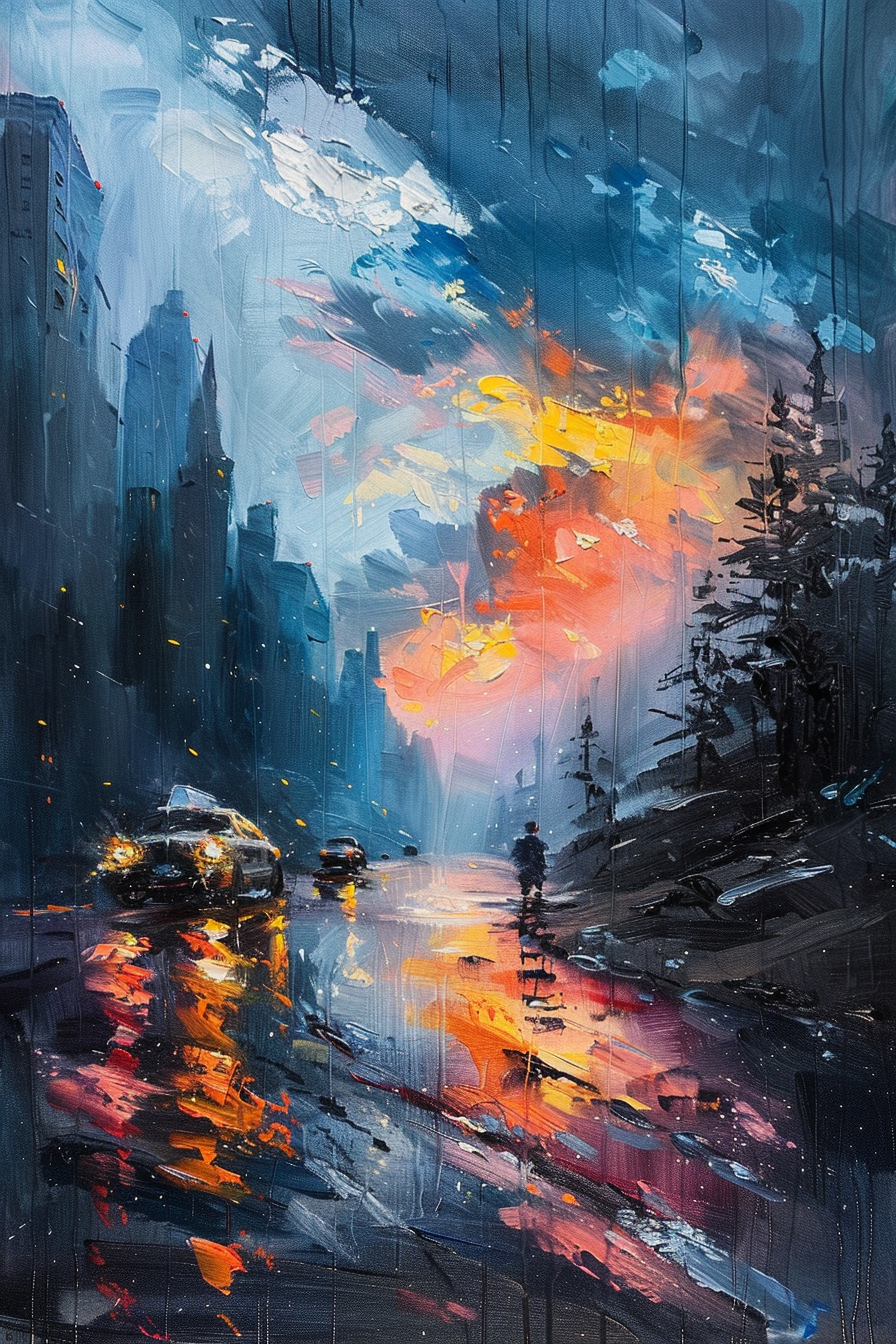 Expressive cityscape painting with vibrant sunset reflecting on wet streets.