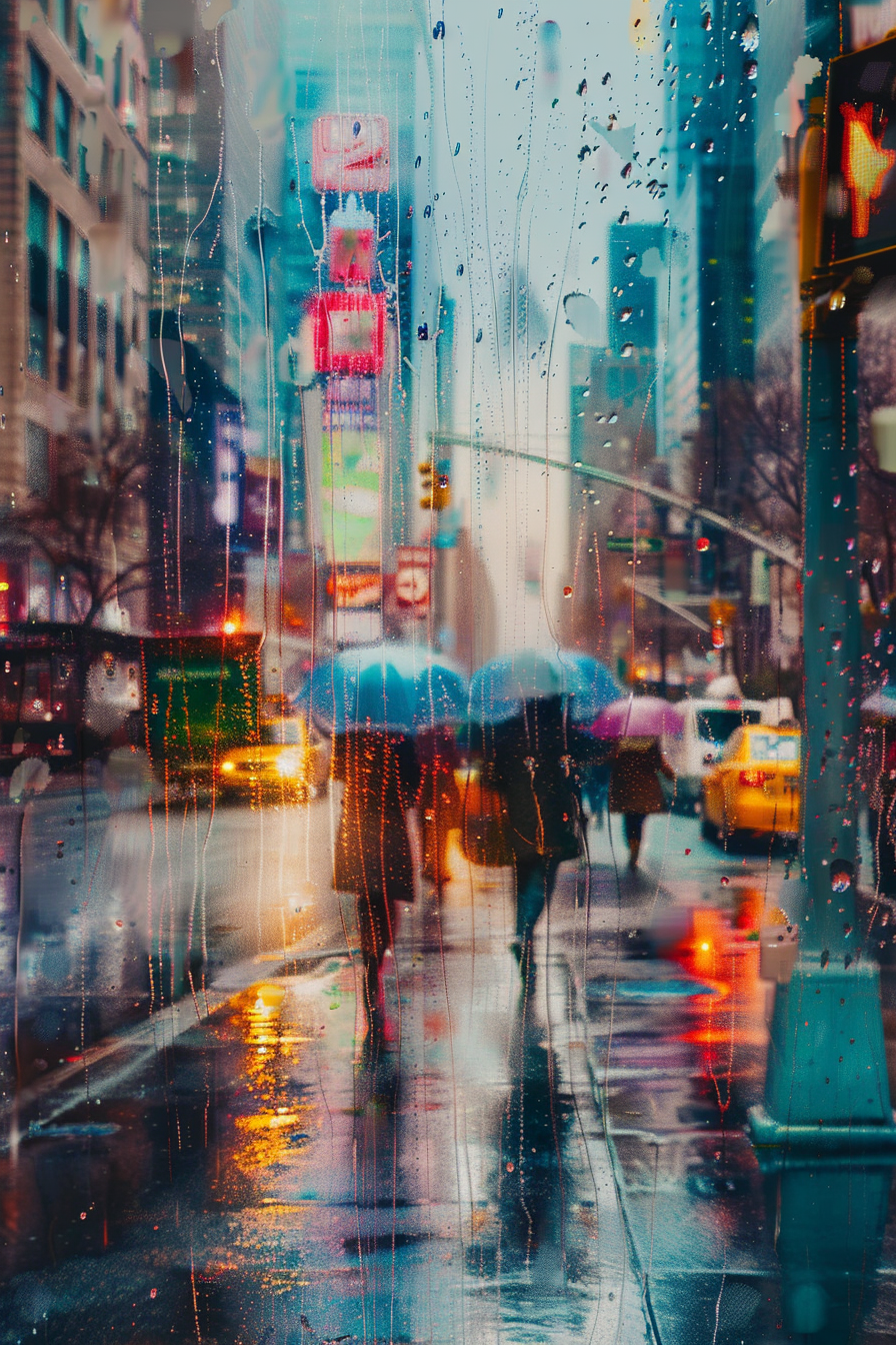People with umbrellas on a rainy city street viewed through a wet glass with water droplets.
