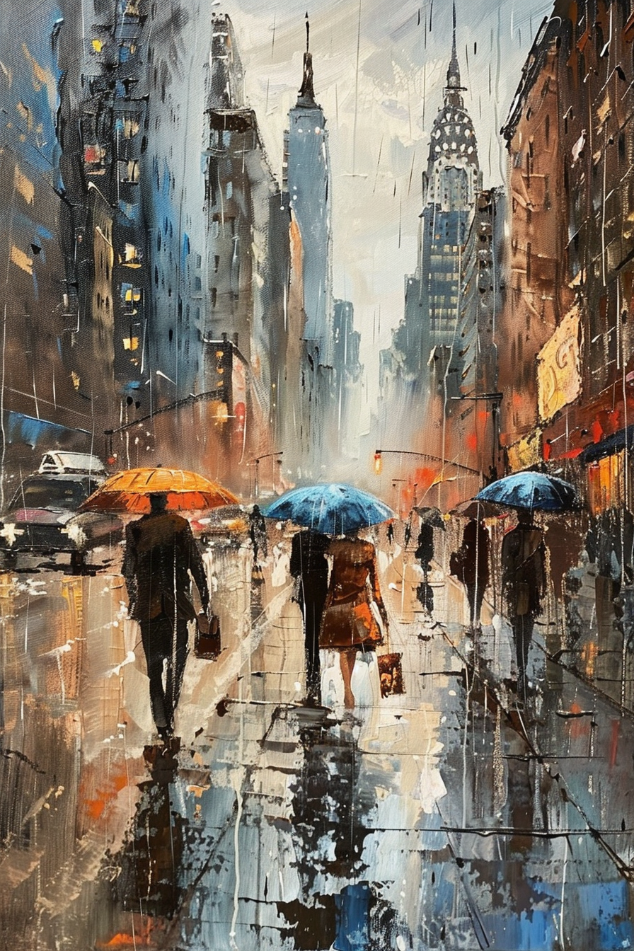 A painting of three people with umbrellas walking on a rainy city street with skyscrapers.