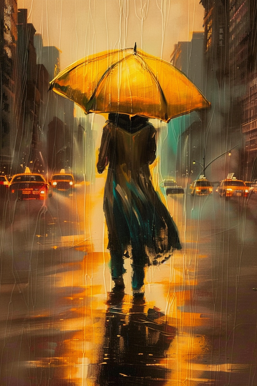 Person with a yellow umbrella walking on a rainy city street at twilight.
