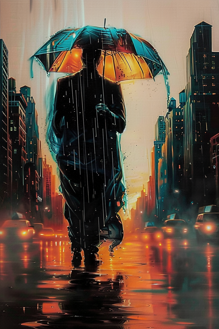 Person with umbrella walking in rainy city street with glowing lights and tall buildings.