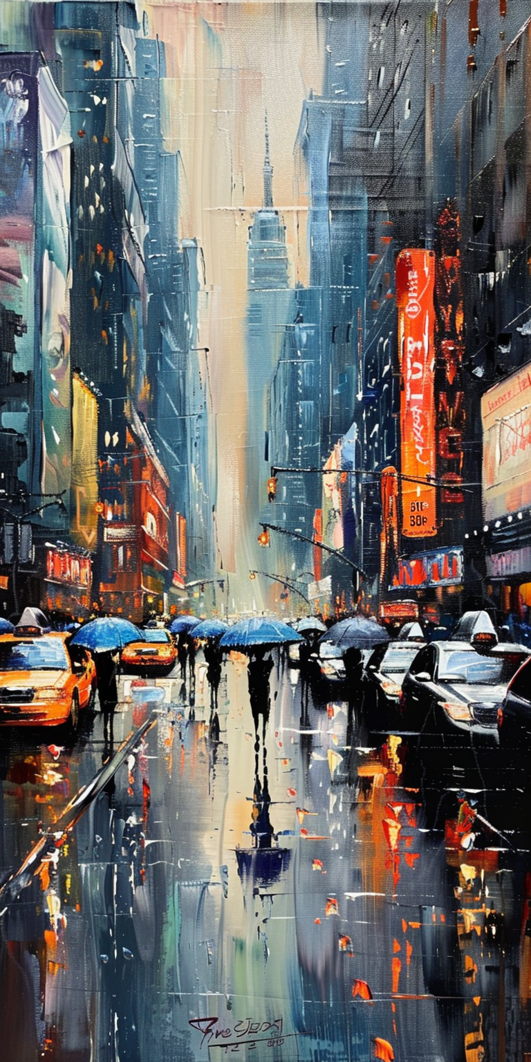 Colorful expressionist painting of a busy city street in the rain with pedestrians and cars.