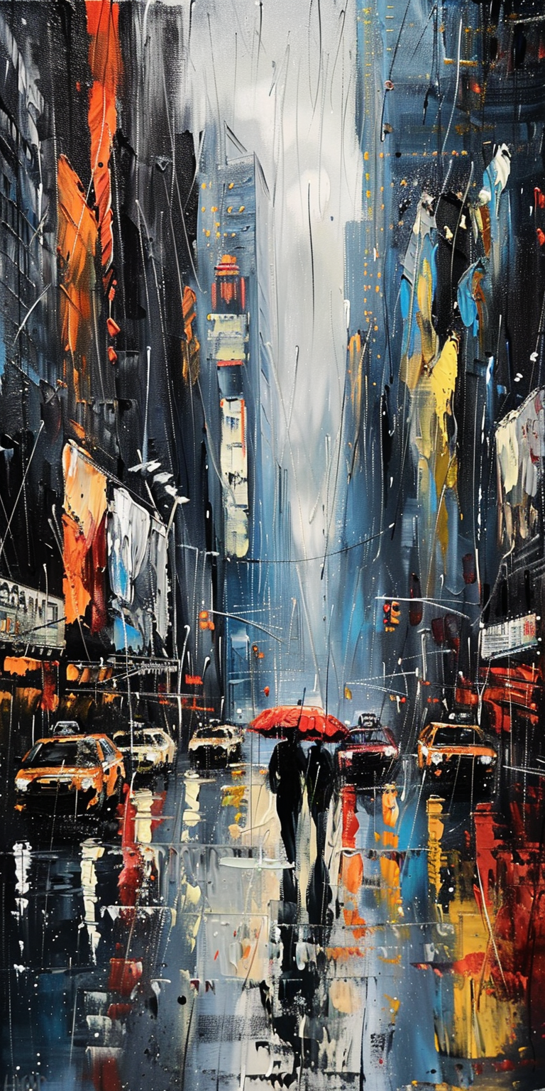 Colorful abstract cityscape painting with reflections, rainy atmosphere, and red umbrella.