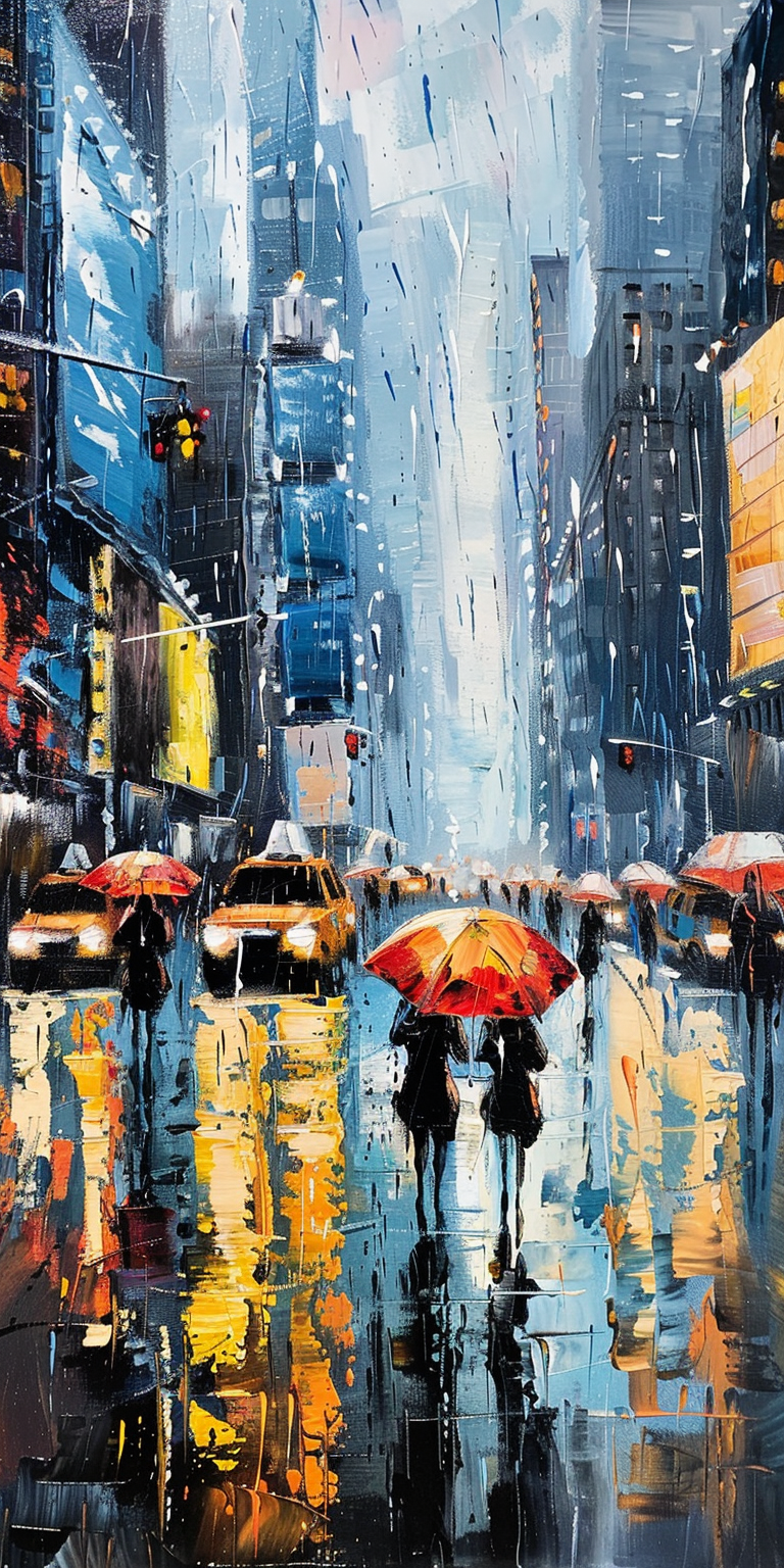 Colorful impressionistic painting of a city street in the rain with pedestrians holding umbrellas.