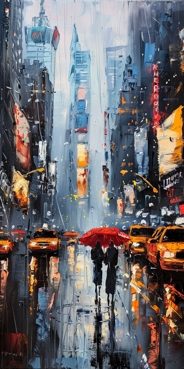 "Painting of a couple with an umbrella walking on a rainy city street flanked by yellow taxis."