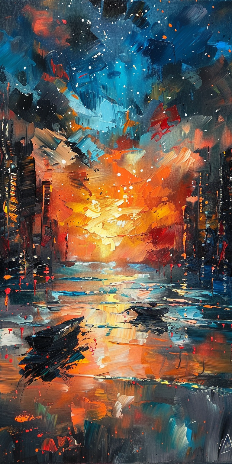 Abstract cityscape painting depicting a vibrant sunset reflected on water with bold, expressive brushstrokes.