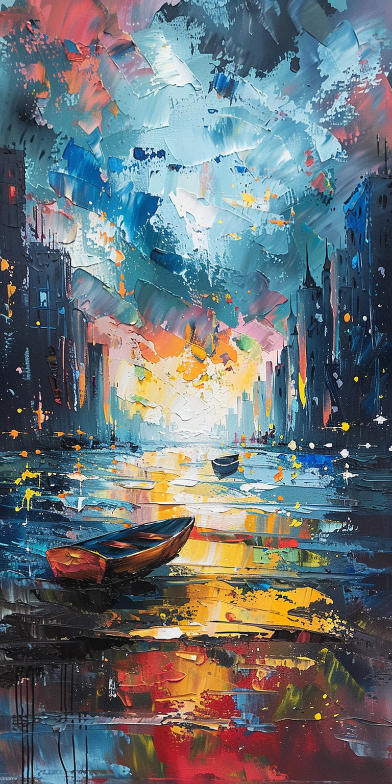 Abstract colorful cityscape painting with vibrant sunset and reflections in water.