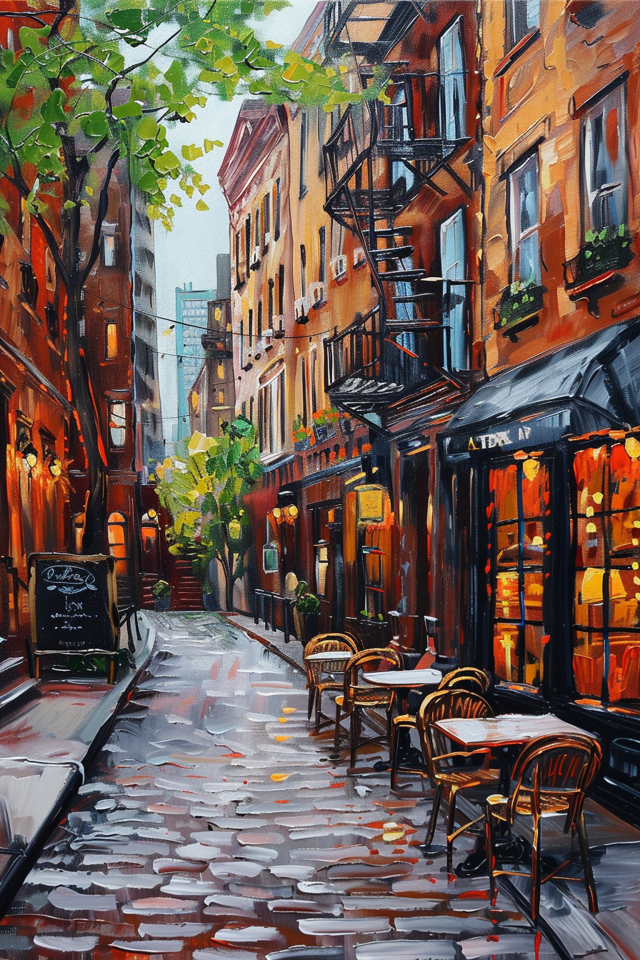 Vibrant painting of a cozy, rain-slicked street lined with quaint buildings and outdoor café seating.