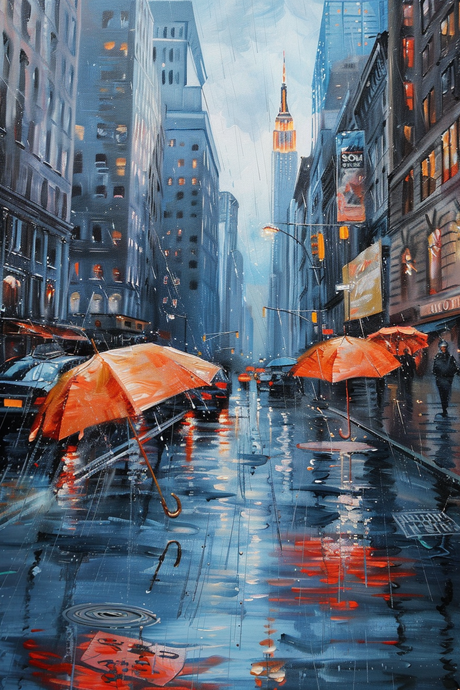 Painting of a rainy city street with people carrying orange umbrellas and wet reflections.