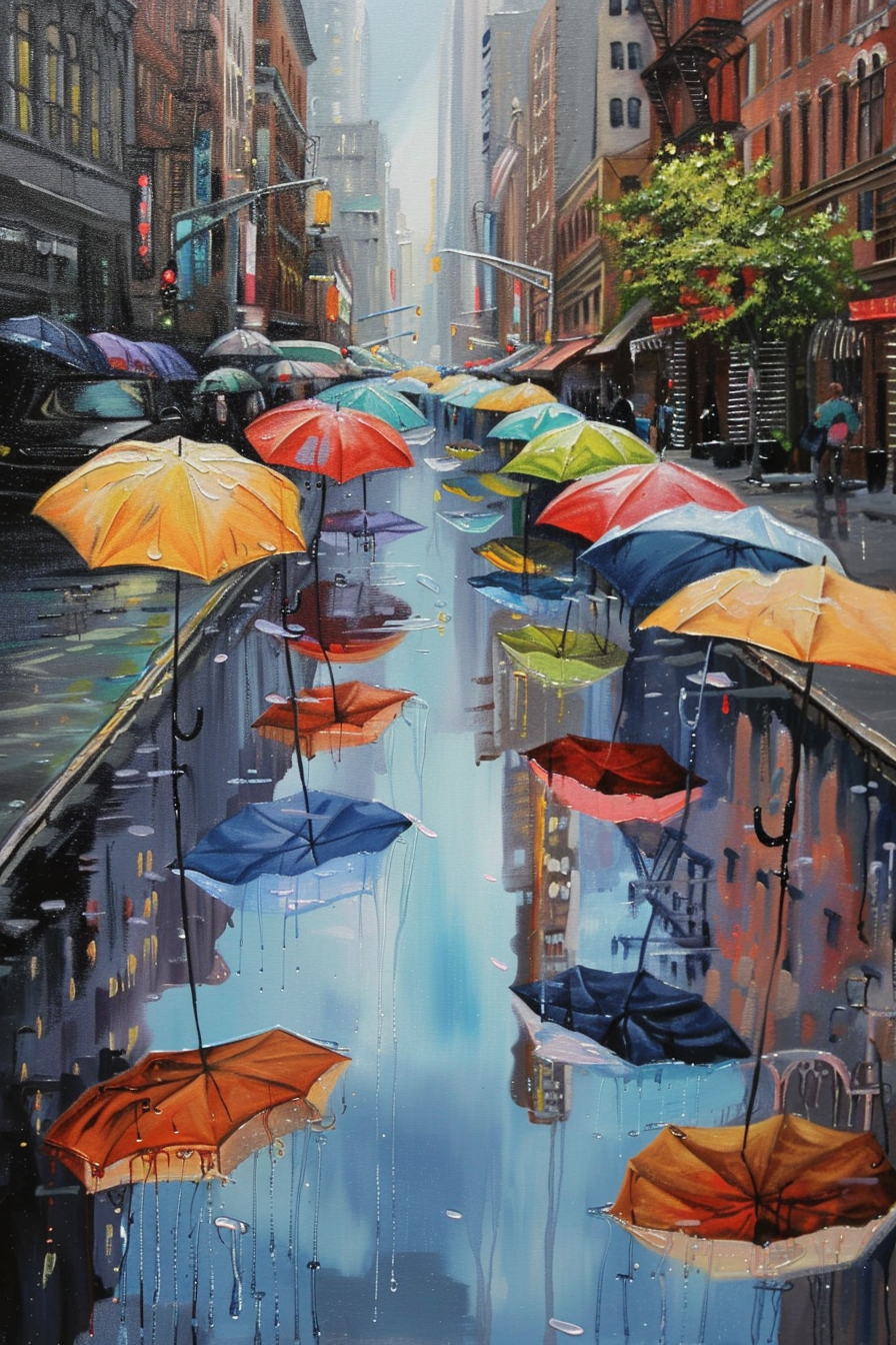 Colorful umbrellas line a rainy city street with reflections on wet pavement.