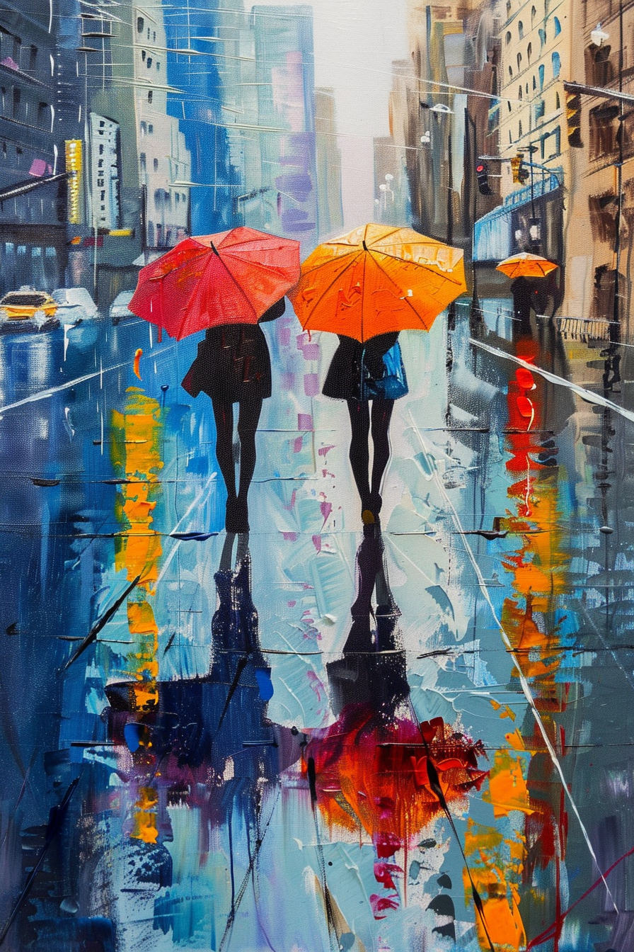 Colorful painting of two people with red and orange umbrellas walking in a rainy cityscape.