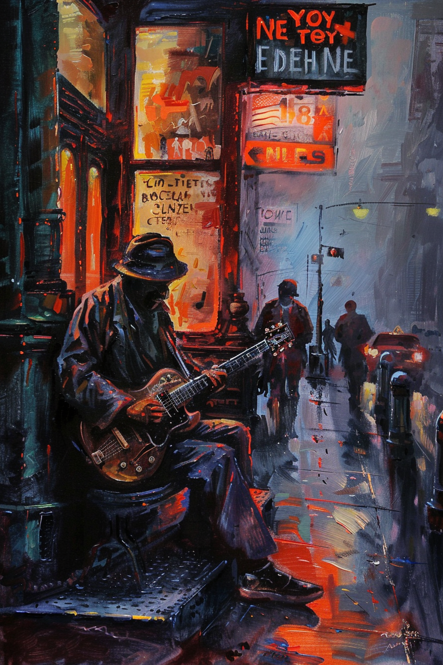 Street musician playing guitar at night in a rainy, neon-lit cityscape.
