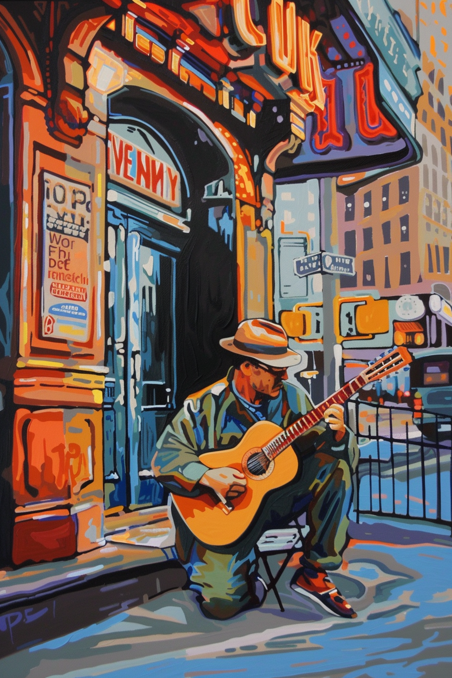 Street musician playing guitar in front of a colorful urban backdrop.