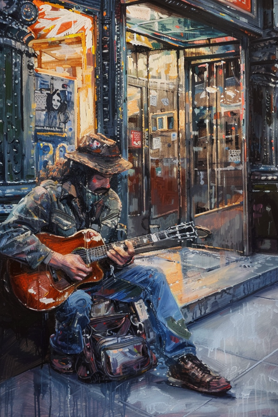 Street musician playing guitar by a shop entrance, surrounded by urban evening lights.
