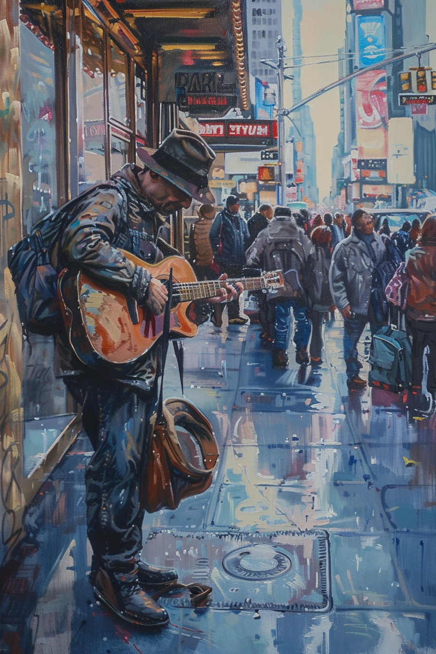 Street musician playing guitar in a bustling city scene with reflective wet pavement.