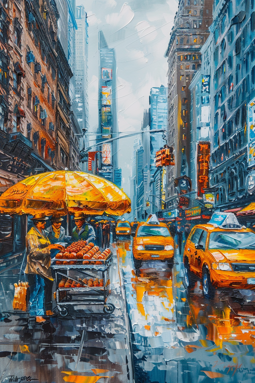 Colorful painting of a busy city street with yellow cabs and an umbrella-covered food cart.