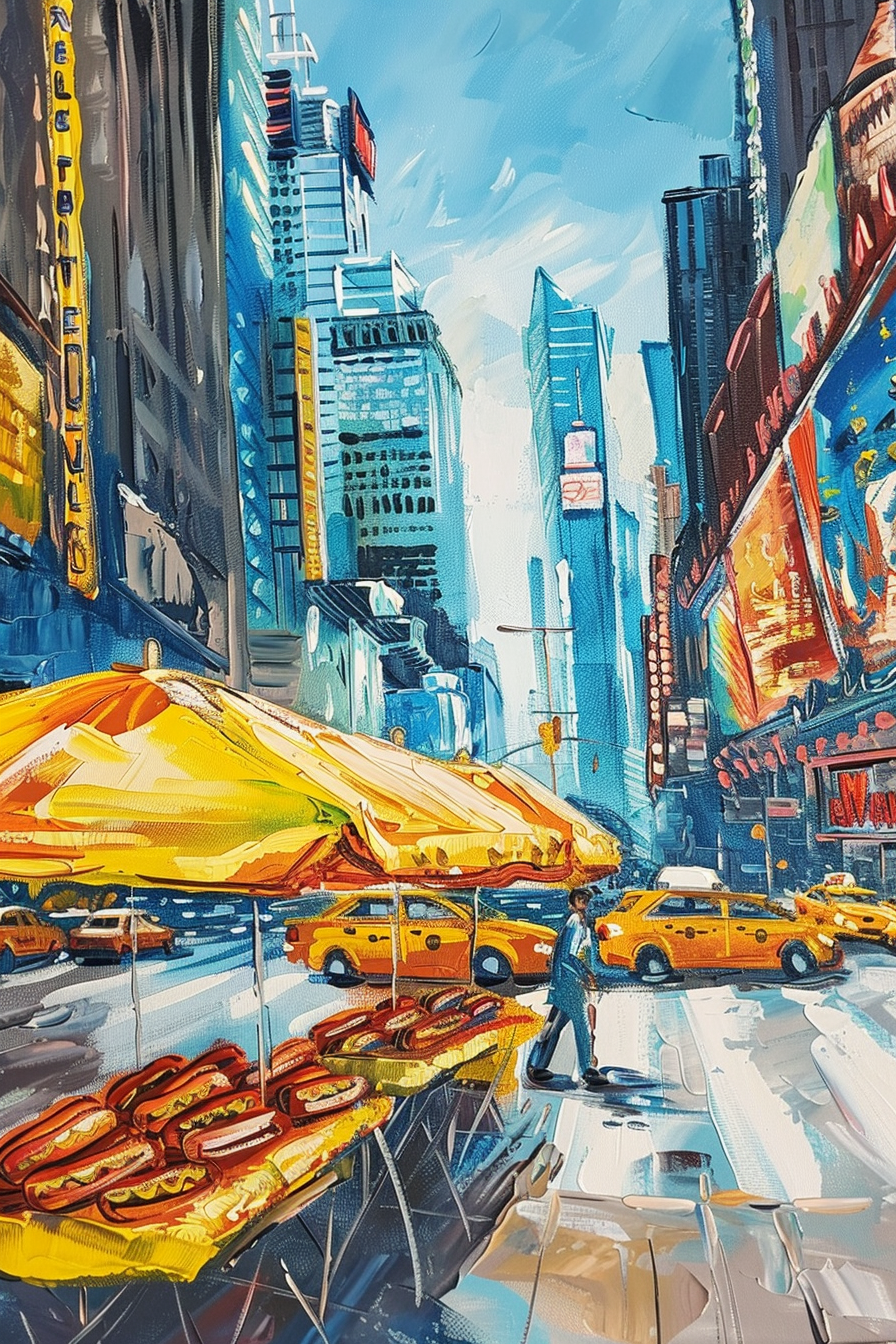 Colorful painting of an urban street scene with yellow taxis, a hot dog stand, and skyscrapers.