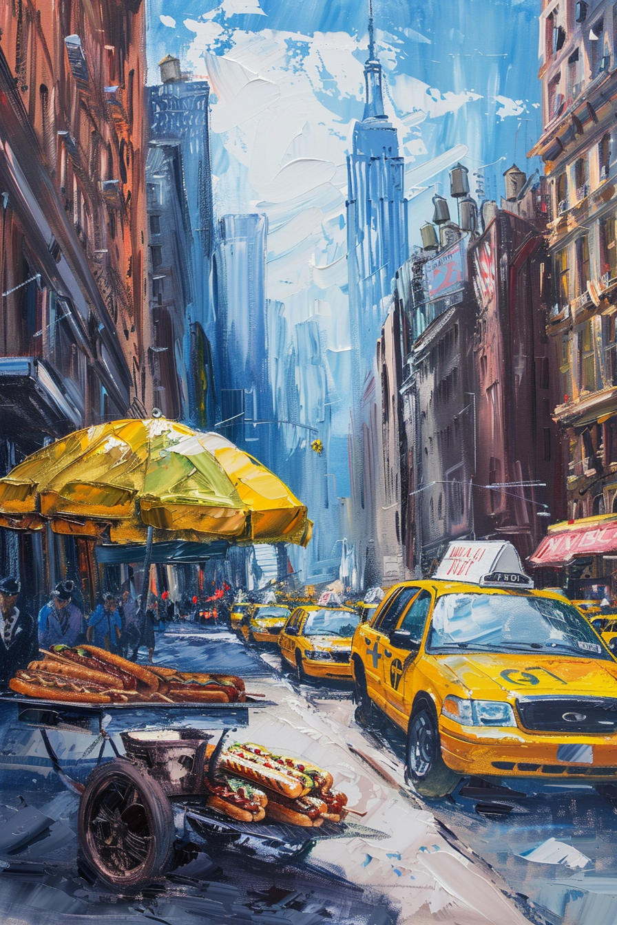 Vibrant street scene painting with yellow taxis, pedestrians, and an umbrella-topped food cart.