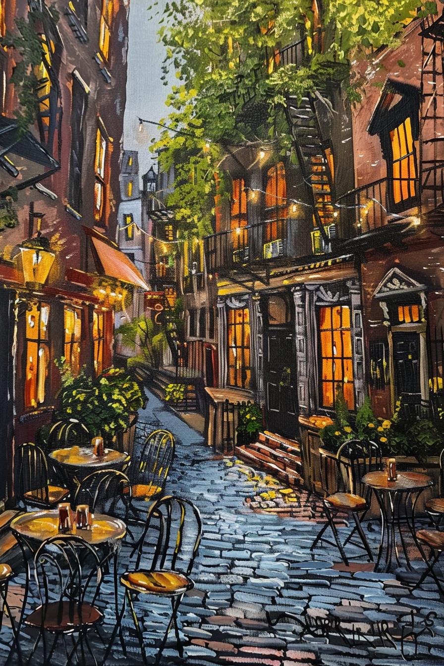 Painting of a cozy street scene at night with outdoor café tables and glowing building windows.