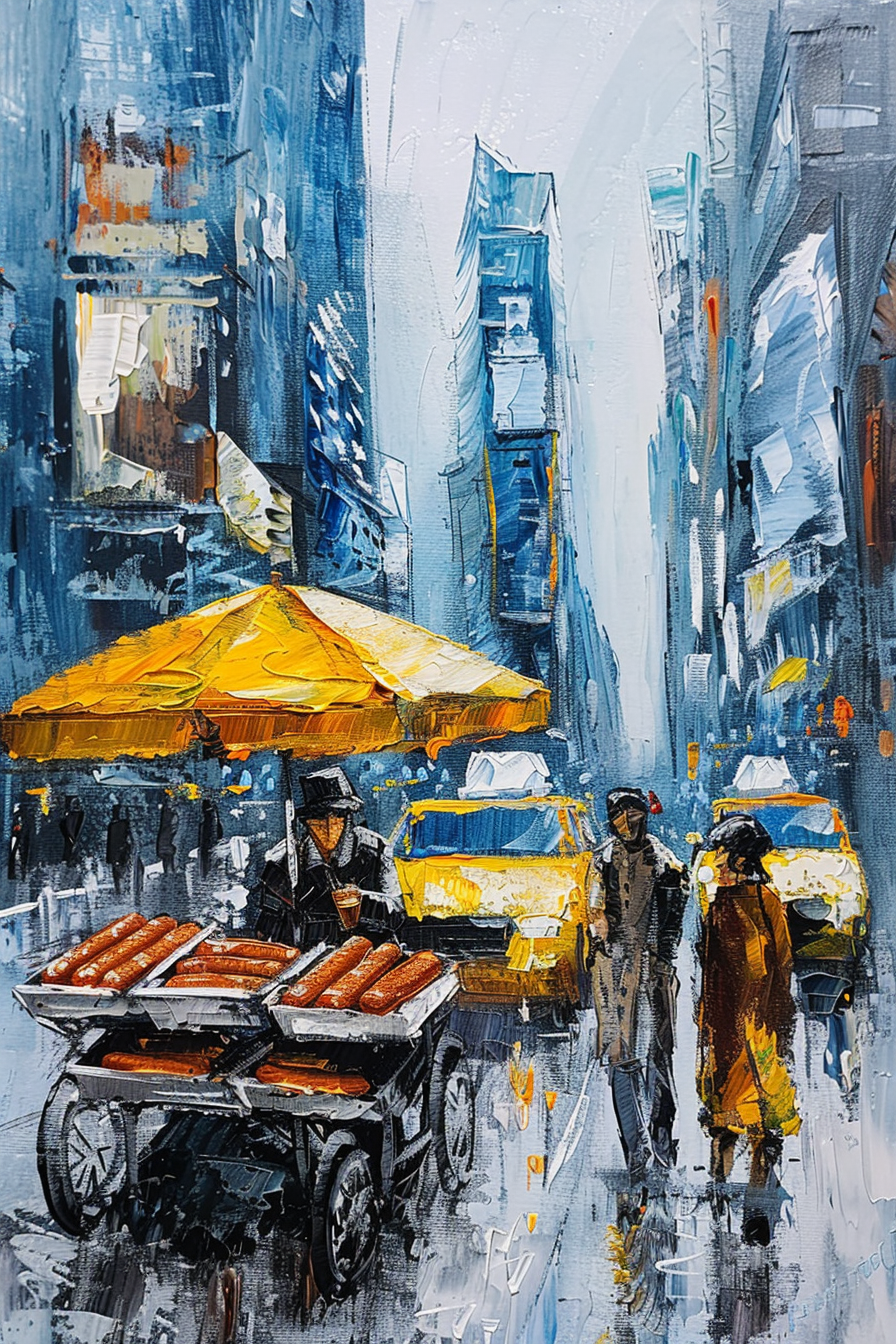 ALT: Expressive cityscape painting depicting a street vendor cart, pedestrians, and taxis on a rainy urban street.