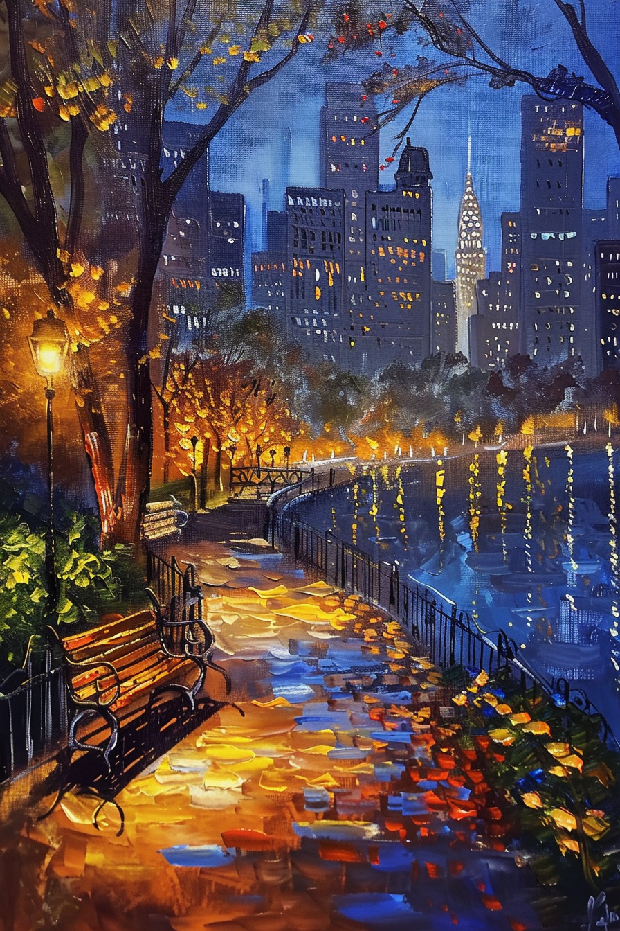 Painting of a vibrant city park at night with illuminated trees, pathway, benches, and skyscrapers.