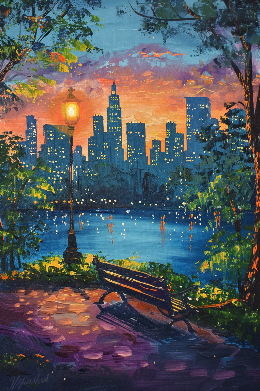 A colorful painting of a park with a bench and lamp post overlooking a city skyline at sunset.