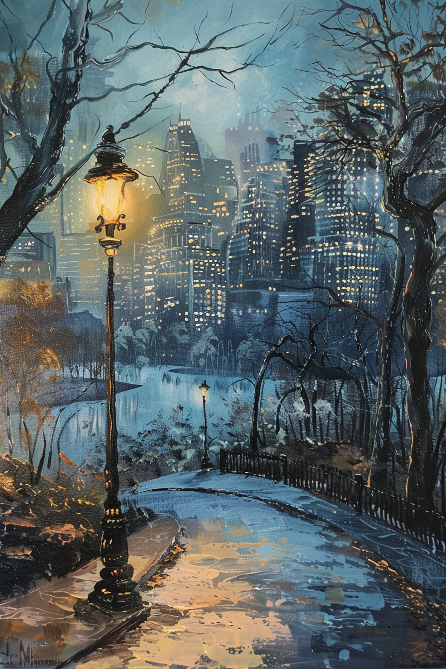 Alt text: A vibrant painting of a lit streetlamp along a pathway with a snowy cityscape and bare trees in the background.