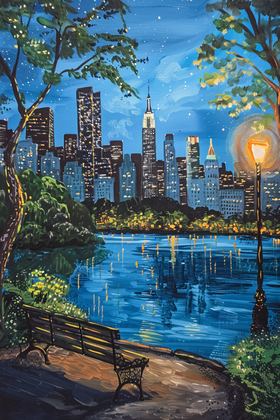 Painting of a city skyline at night reflected in water, with a park bench and glowing streetlamp in the foreground.
