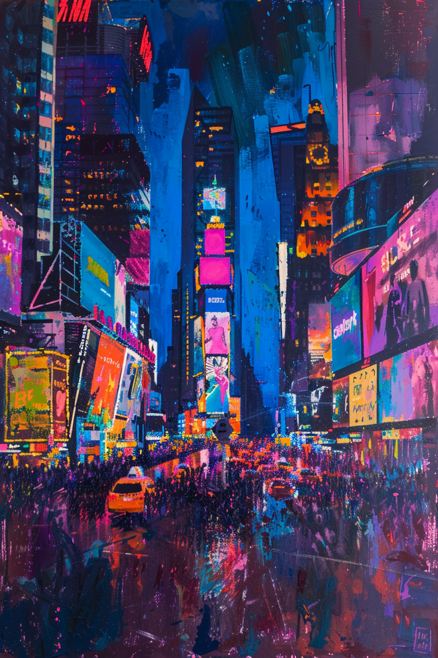 Vibrant, colorful painting depicting Time Square at night with illuminated billboards and crowds.