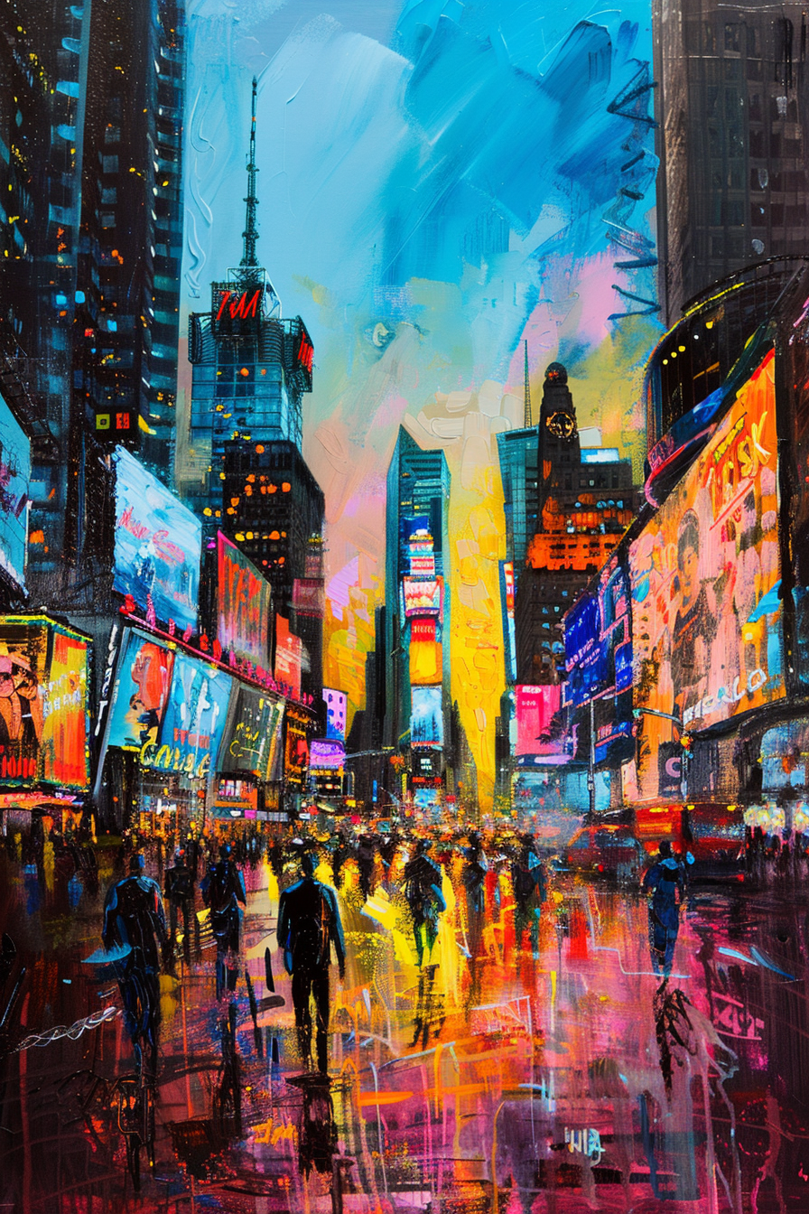 Colorful abstract painting of a busy city street at night with illuminated advertisements.