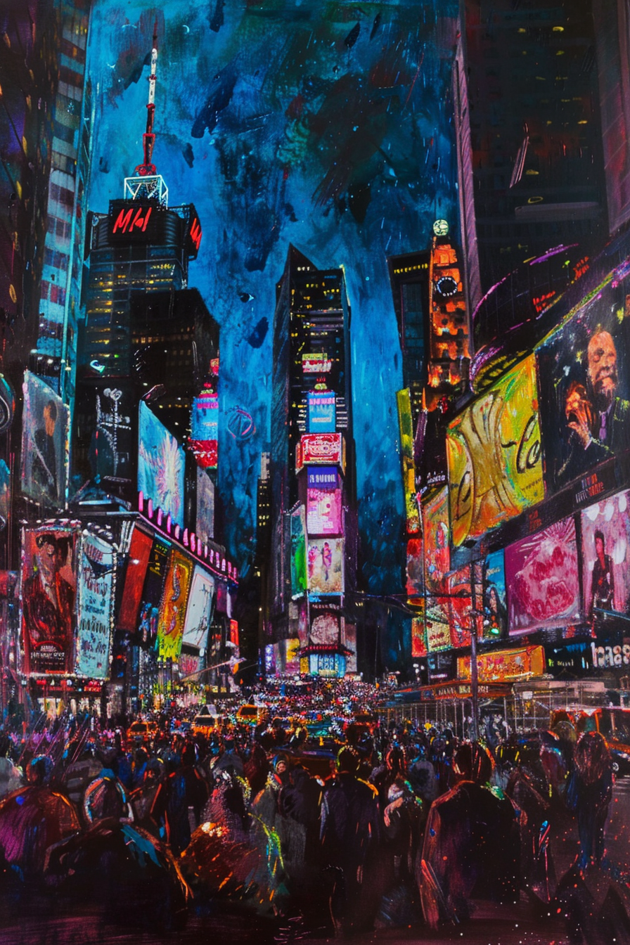Colorful painting of a bustling Times Square at night with vibrant crowds and illuminated billboards.