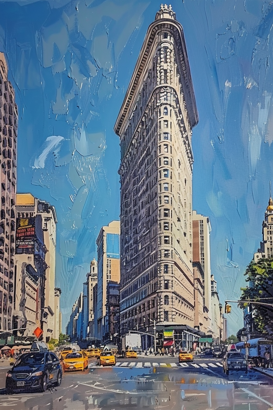Painting of the Flatiron Building on a sunny day with taxis and traffic in the foreground.