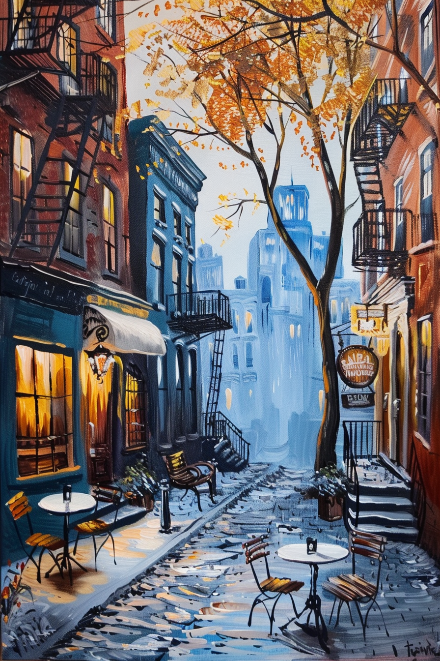 Colorful painting of an autumnal city street scene with buildings, a tree, and cafe tables.