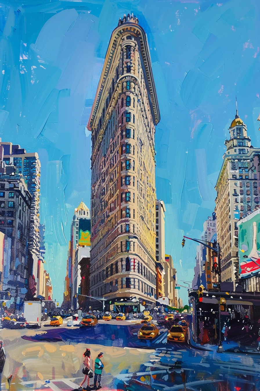 Vibrant painting of Flatiron Building with bustling city street and yellow cabs in New York.