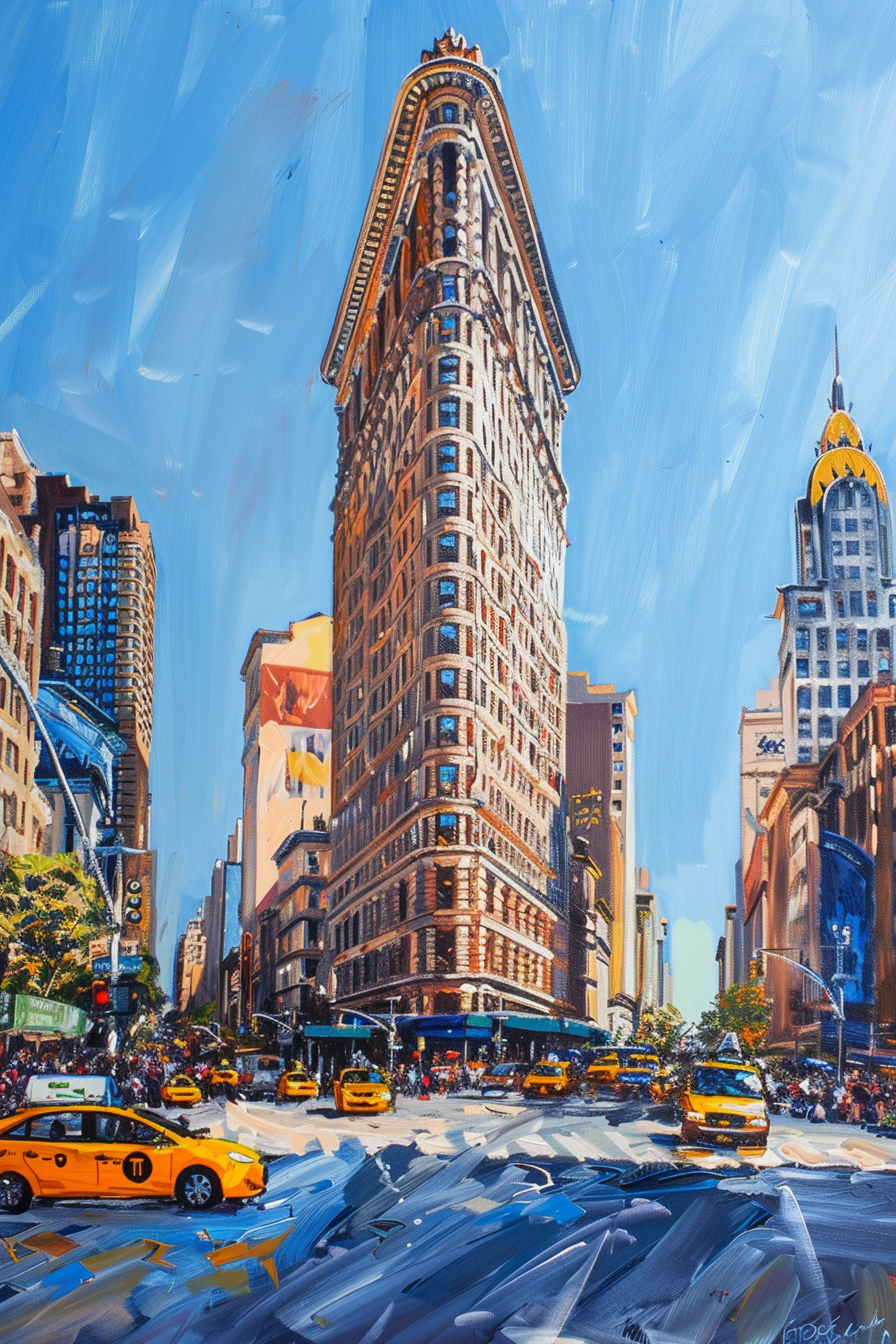 Colorful painting of the Flatiron Building in New York with bustling street and yellow cabs.